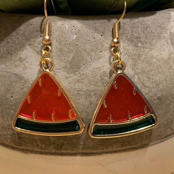 Watermelon Drop Earrings Gold Red Pink Green - Picture 2 of 8